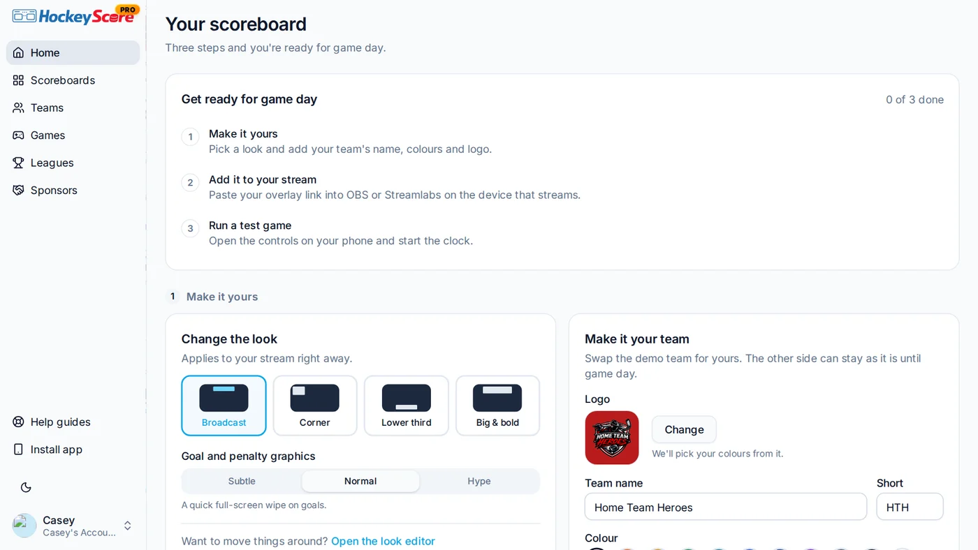 Your scoreboard home: the preview, the link to copy, and setup steps for each app.